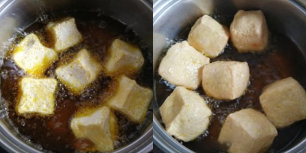 Khi bắt đầu dầu nóng, đậu phụ trong chảo sẽ nổi từ từ lên trên mặt dầu