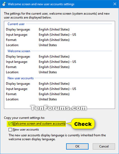Chọn hộp Welcome screen and system accounts