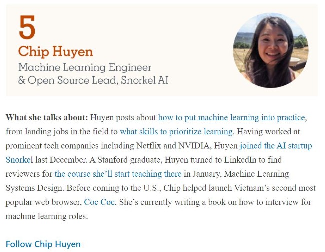 Huyền Chip lọt top 10 chuyên gia Khoa học dữ liệu và AI có đóng góp nhiều nhất trên LinkedIn