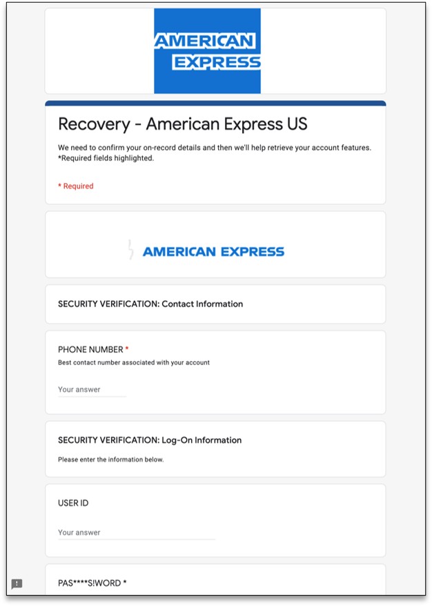 Biểu mẫu giả mạo American Express