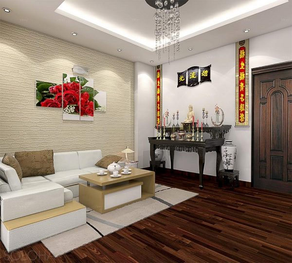 Một góc tường với gam màu nâu gụ được thiết kế riêng cho không gian thờ cúng