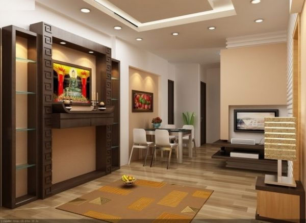 Một góc tường với gam màu nâu gụ được thiết kế riêng cho không gian thờ cúng