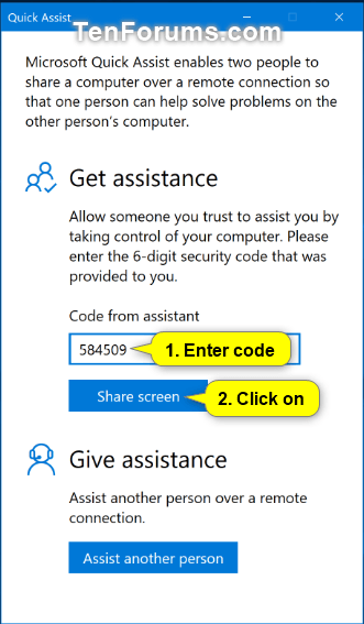 Nhập mã trợ giúp và nhấn nút Share Screen