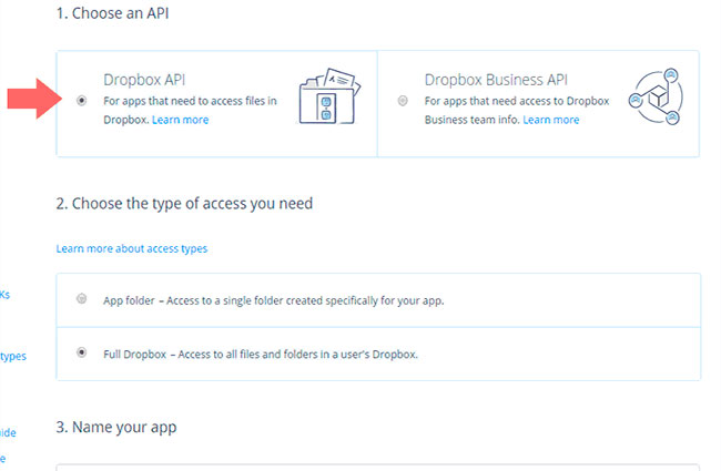 Chọn loại quyền truy cập vào Dropbox và nhập tên ứng dụng