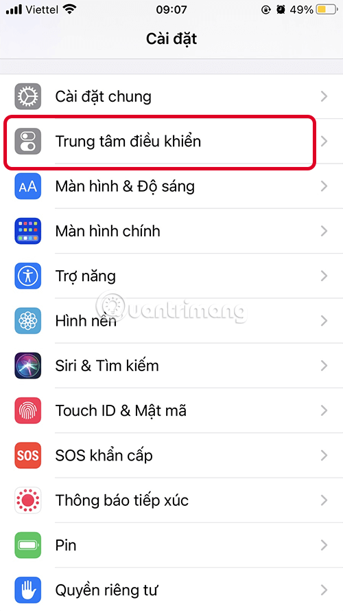 Mở cài đặt Trung tâm điều khiển