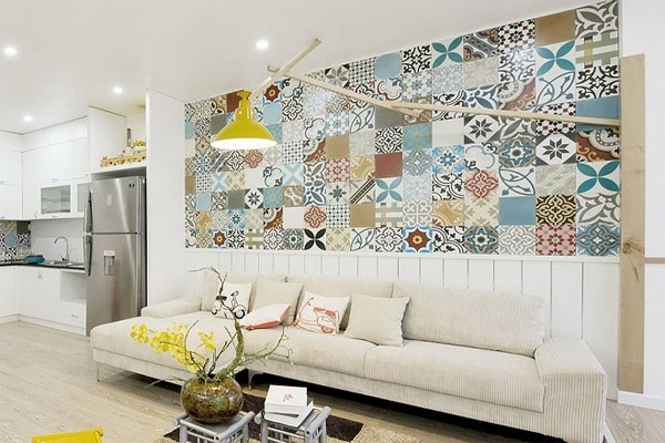 Gạch bông ốp tường phòng khách