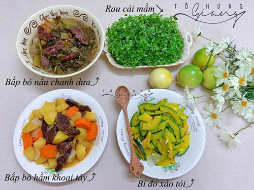 Bắp bò nấu canh chua, bắp bò hầm khoai tây, rau cải mầm và bí đỏ xào tỏi. Ảnh: Tô Hưng Giang.