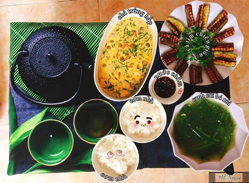 Chả trứng hấp, canh cải bó xôi, cà tím chiên giòn cho bữa cơm gia đình trong những ngày mùa đông . Ảnh: Lê Thị Hồng Nhung.