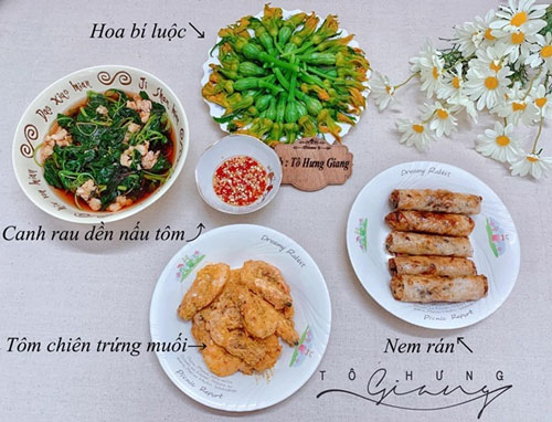 Tôm chiên trứng muối, canh rau dền nấu tôm, nem rán, hoa bí luộc. Ảnh: Tô Hưng Giang.