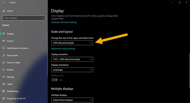 Chọn tỷ lệ DPI được đề xuất từ menu drop-down "Change the size of text, app, and other items"