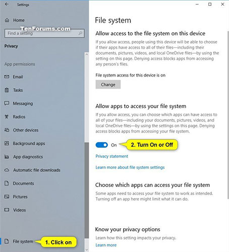 Bật hoặc tắt tùy chọn "Allow Apps Access to Your File System"