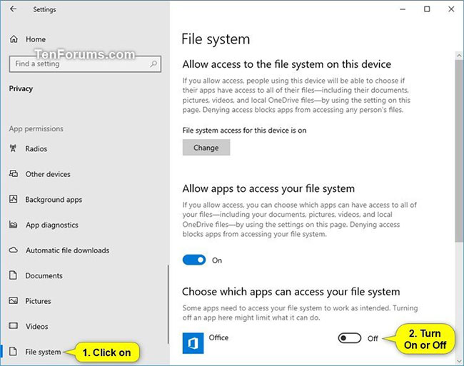 Bật hoặc tắt tùy chọn "Allow Specific Apps Access to Your File System"