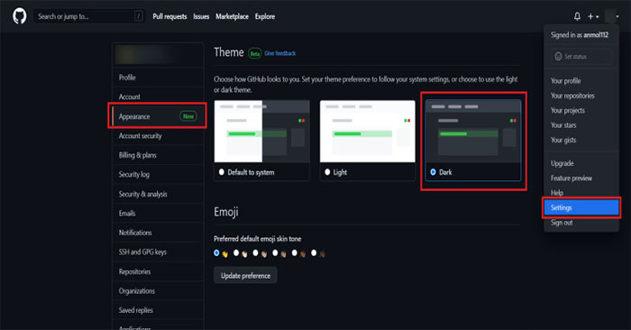 Giao diện nền tối trên Github