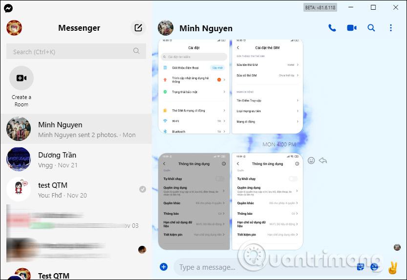 Giao diện Messenger trên PC