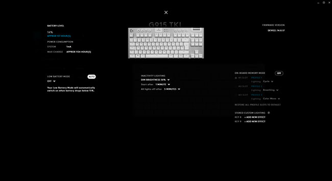 Logitech G915 TKL sẽ kéo dài khoảng 40 giờ nếu bật RGB ở độ sáng tối đa