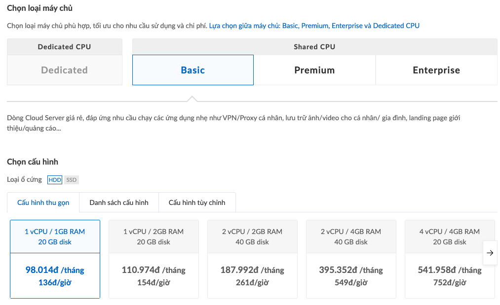 Chọn cấu hình cho máy chủ