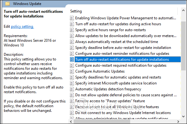 Nhấn Turn off auto-restart notifications for update installations