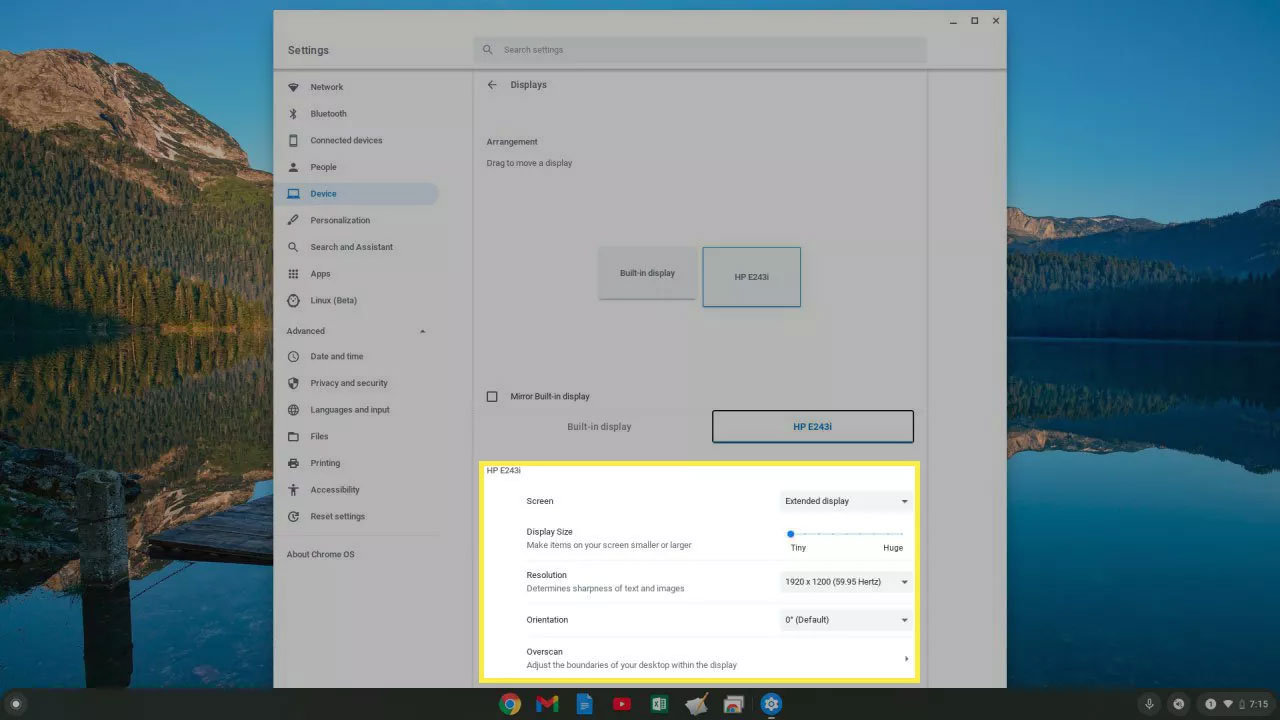 Các tùy chọn thiết lập màn hình đang được kết nối với Chromebook