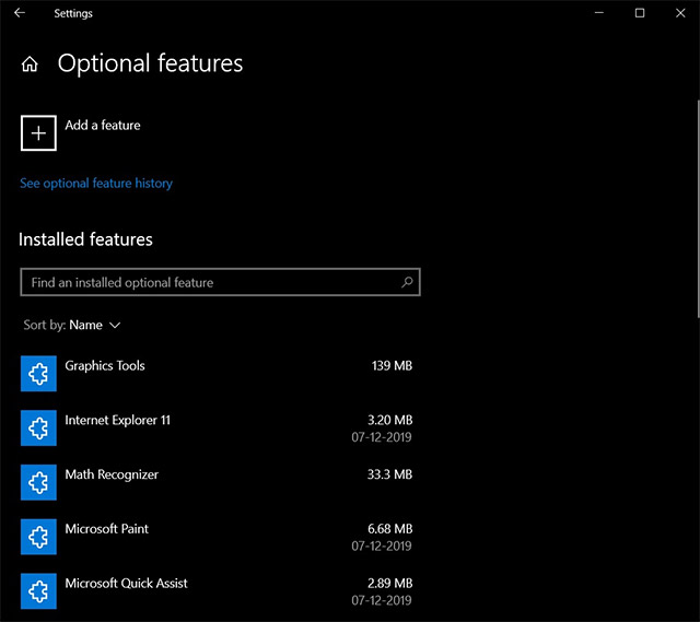 Các công cụ liệt kê trong Optional Features đều có thể được gỡ bỏ