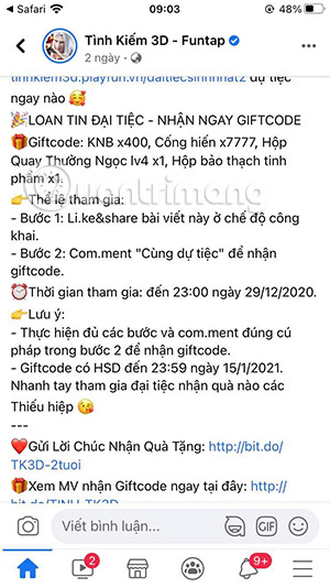 giftcode sự kiện tình kiếm