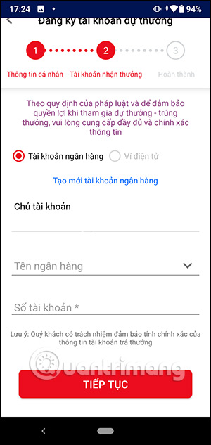 Chọn tài khoản ngân hàng