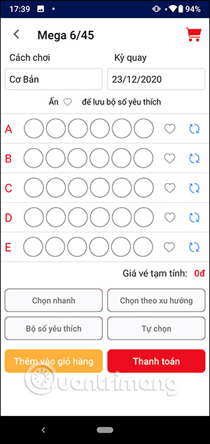 Giao diện chọn số