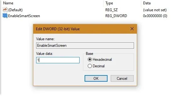 Đặt Value Data của “EnableSmartScreen” là 1
