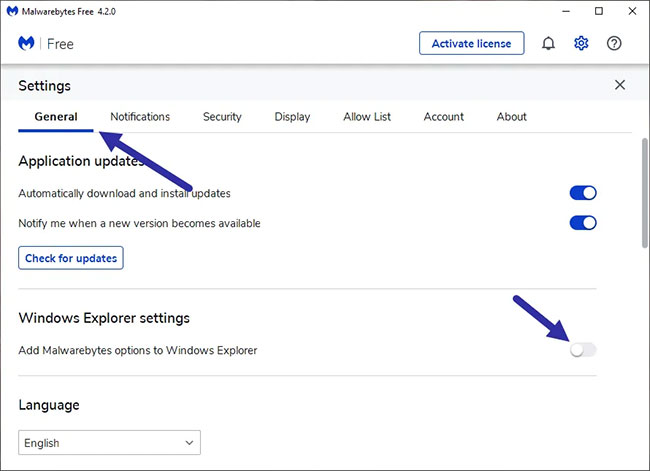 Tắt tùy chọn "Add Malwarebytes options to Windows Explorer"