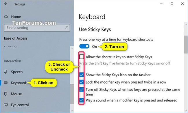Tắt Sticky Keys và điều chỉnh cài đặt