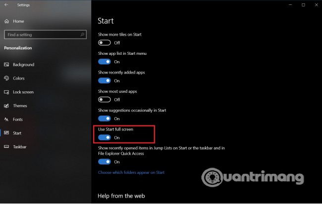 Tìm và bật 'Use Start full screen'