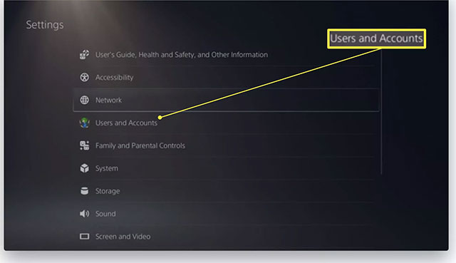 Nhấp vào tùy chọn Users and Accounts