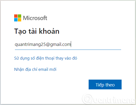 Điền email và mật khẩu để tạo tài khoản Microsoft