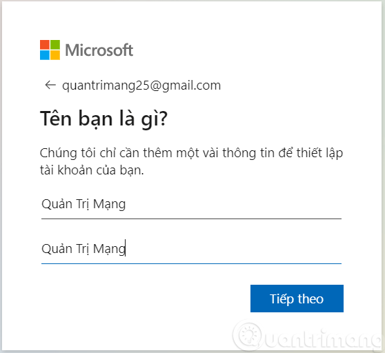 Nhập tên tài khoản Microsoft