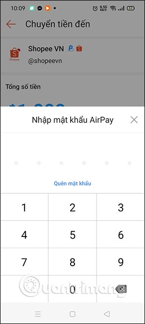 Nhập mật khẩu ví Airpay