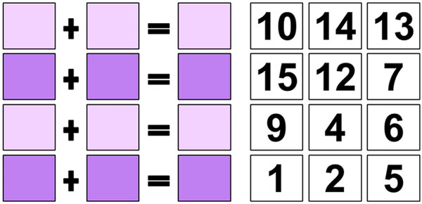 Sắp xếp các số bên phải vào các ô bên trái (mỗi số một ô) để được bốn phép cộng đúng