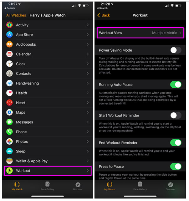 Mở app Watch trên iPhone > vào Workout View