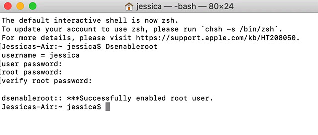Thông báo bật root user thành công