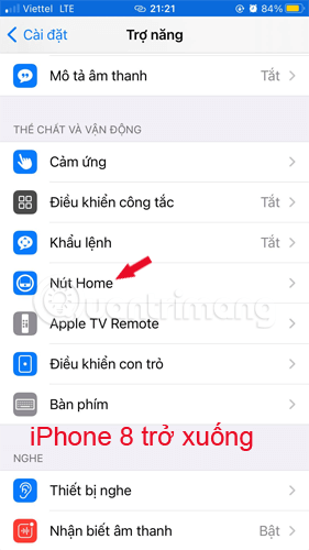 Tìm cài đặt nút Home trên iPhone 8 trở xuống