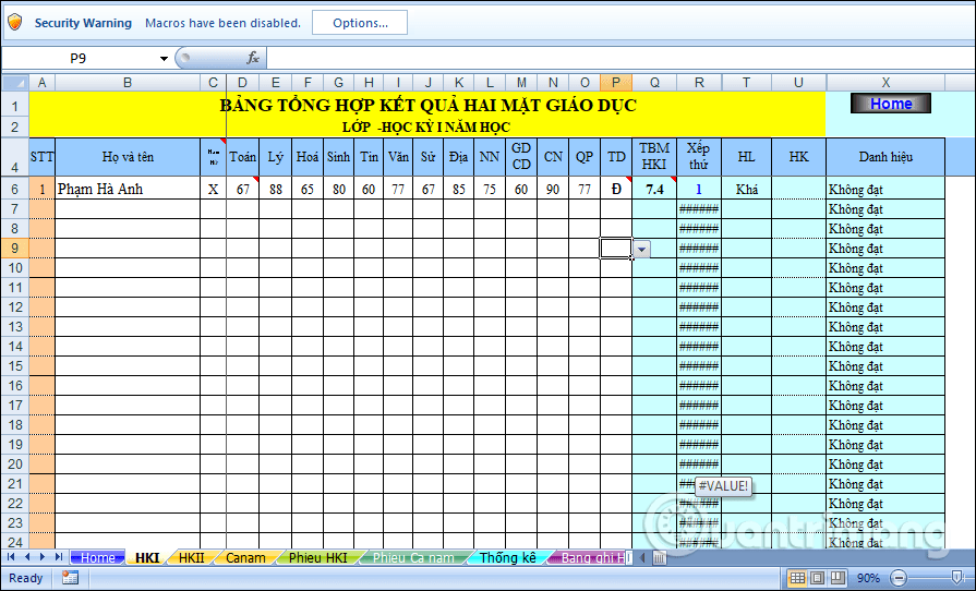 File Excel tính điểm TB môn học 
