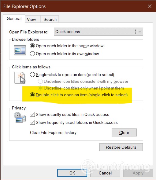 Chuyển sang tùy chọn Double-click to open an item (single-click to select