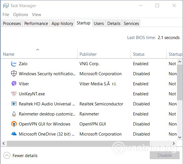 Kiểm tra các ứng dụng khởi động cùng Windows 10 trong thẻ Startup của Task Manager