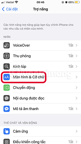Chọn Màn hình & Cỡ chữ
