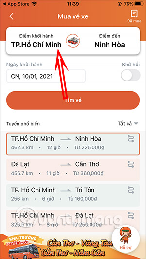 Chọn nơi đến, nơi đi