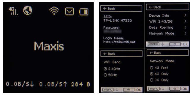 Màn hình nhỏ phía trước của TP-Link M7350 cho phép bạn xem thông tin từ thiết bị một cách nhanh chóng
