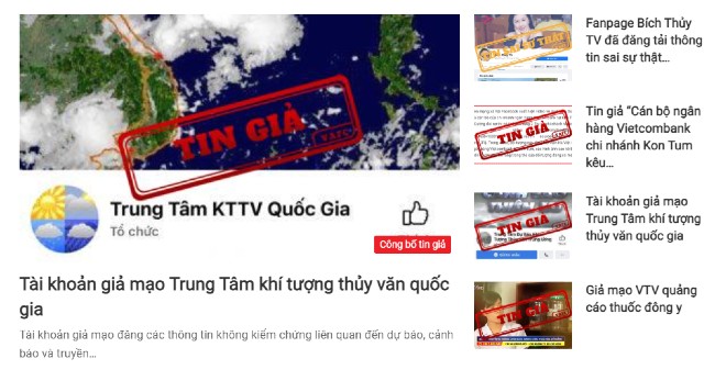 Trang công bố tin giả của Trung tâm xử lý tin giả Việt Nam