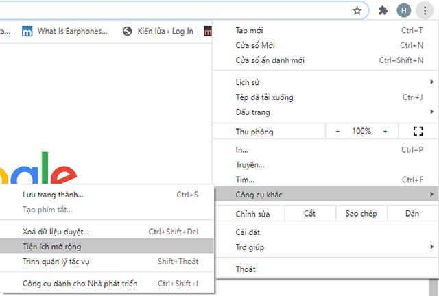 Bấm vào “Tiện ích mở rộng”