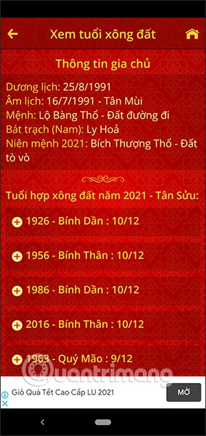 Hiện kết quả tuổi xông nhà
