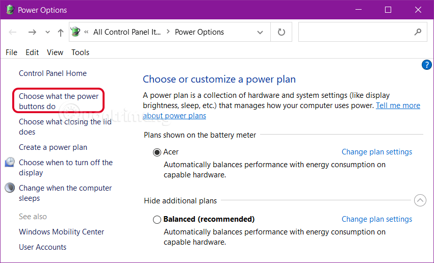 Choose what the power button do trên Windows 10