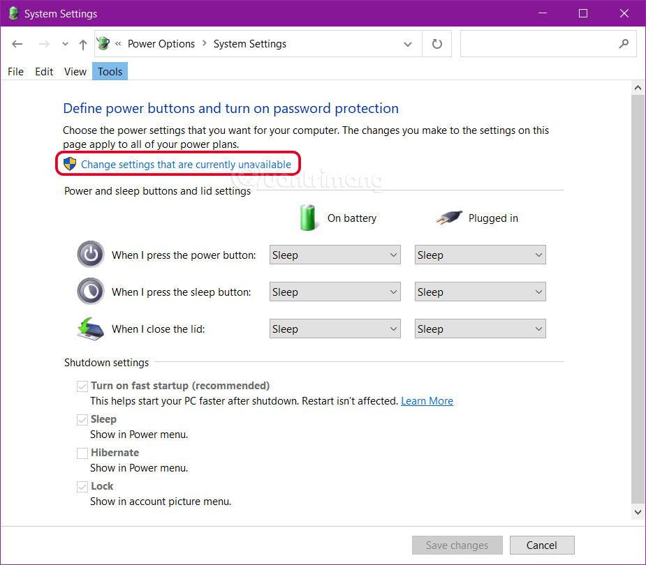 Tìm Change settings that are currently unavailable