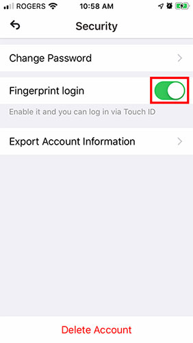Chuyển nút Fingerprint Login thành ON hoặc OFF